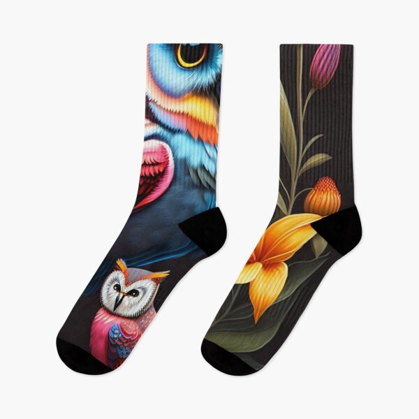 Item preview, Owl with colorful lilies on a black background designed and sold by Bernsteinhaus.
