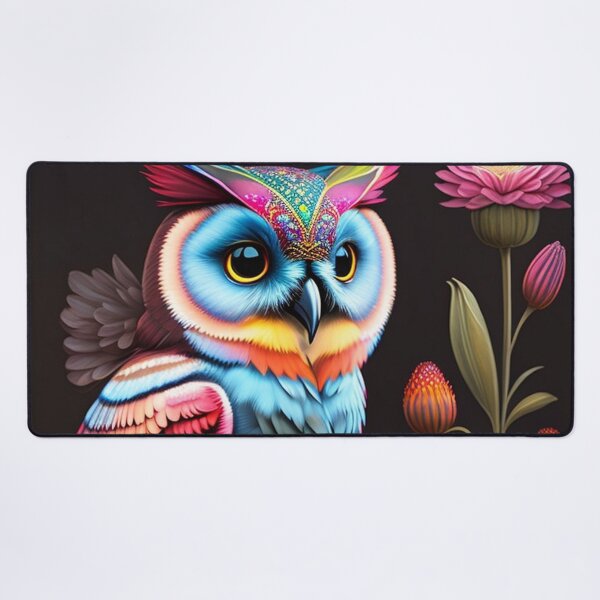 Item preview, Owl with colorful lilies on a black background designed and sold by Bernsteinhaus.