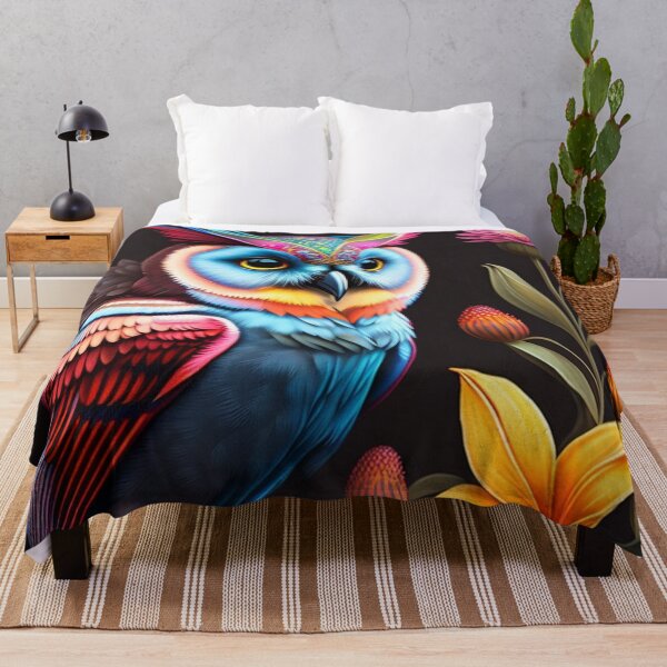 Item preview, Owl with colorful lilies on a black background designed and sold by Bernsteinhaus.