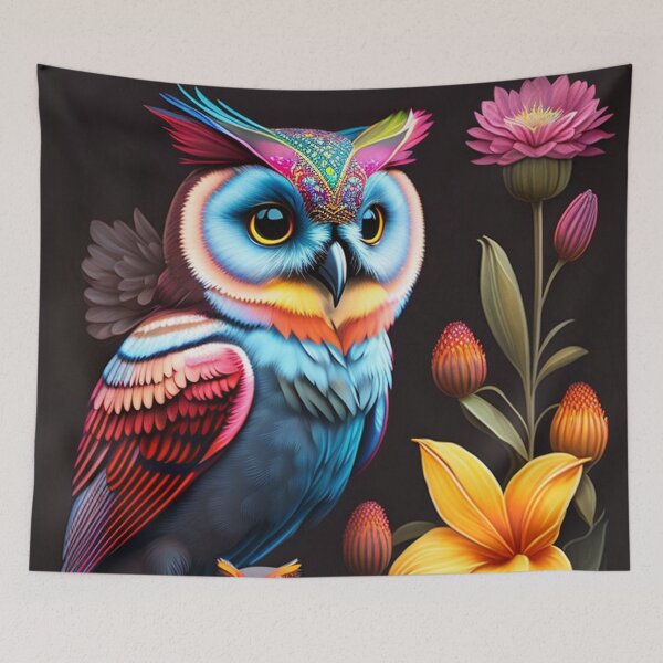 Item preview, Owl with colorful lilies on a black background designed and sold by Bernsteinhaus.