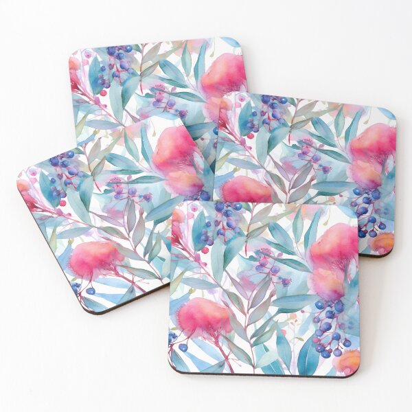 Item preview, Colorful pink turquoise eucalyptus leaves and flowers watercolor pattern designed and sold by DaisyMarroquin.