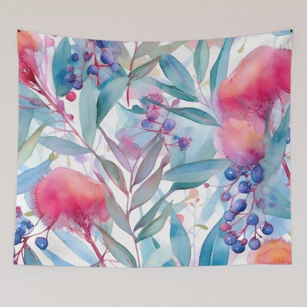 Item preview, Colorful pink turquoise eucalyptus leaves and flowers watercolor pattern designed and sold by DaisyMarroquin.