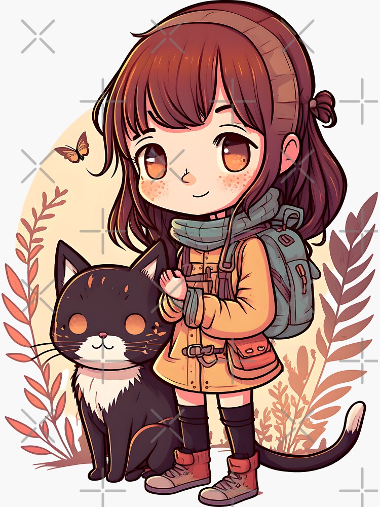 Kawaii Anime girl and Cat' Sticker
