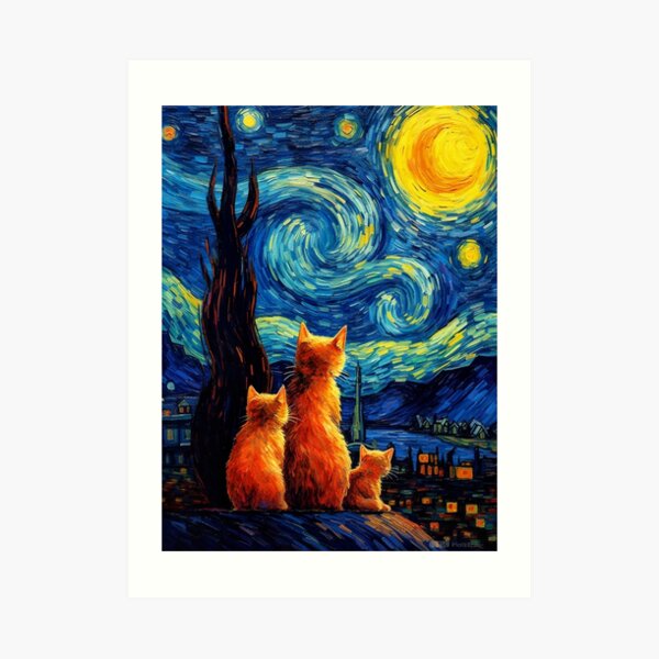 Best Friends Cute Dog and Cat Starry Night Art Print Picture by