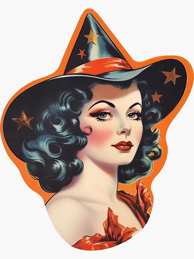 Thumbnail 3 of 3, Sticker, Vintage Halloween Raven Haired Beauty designed and sold by LynneMitchell.