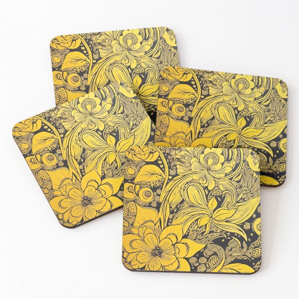Item preview, Whimsical and Bold Jasmine -- Black and Yellow Psychedelic Woodcut designed and sold by curiouserthings.