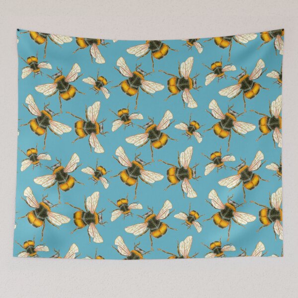 Item preview, Vintage Illustrated Bumblebee tossed pattern on aqua teal Queen Bee designed and sold by Sockstomistic.