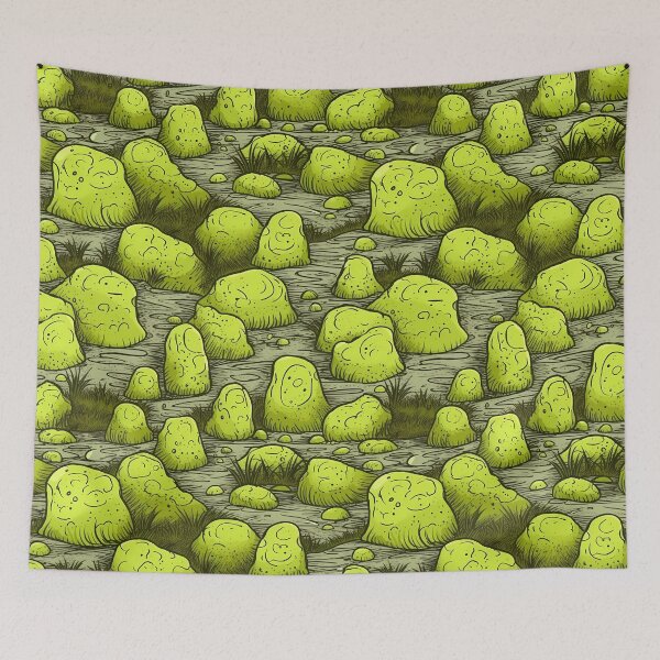 Item preview, Cartoon Green Rocks and Plants Print with Spiky Hair in Natural Watery Grass designed and sold by GiveMeMood.