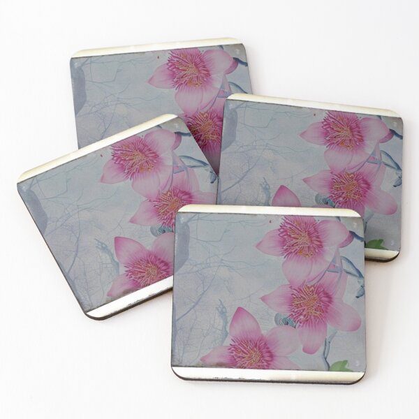 Item preview, A dreamy floral inspired by orchids on a pale blue branch filled background designed and sold by LindaTheron.