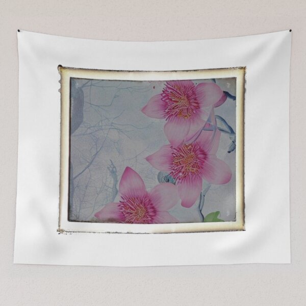 Item preview, A dreamy floral inspired by orchids on a pale blue branch filled background designed and sold by LindaTheron.