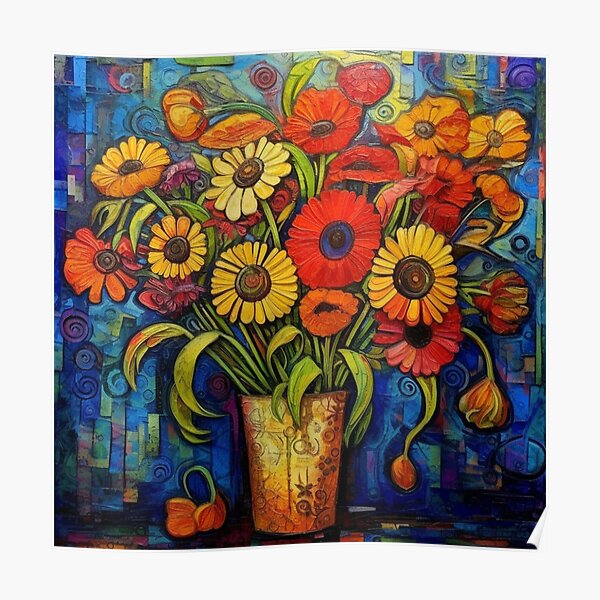 Vibrant Flowers in a Golden Vase Poster