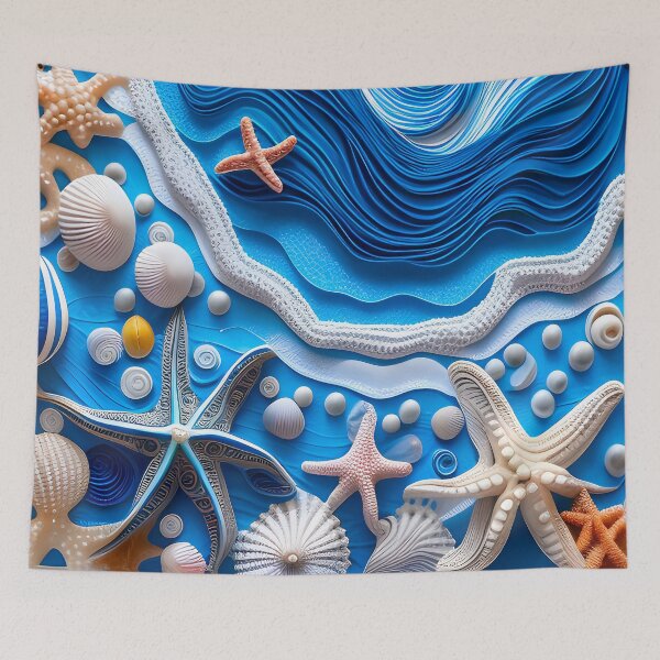 Item preview, Blue nautical art with seashells and starfish.  designed and sold by Inktown.