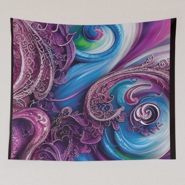 Item preview, Pink and Blue Chameleons-Swirling and Coiling Blue & White Paint Fusion of Chameleons Under Purple Lace designed and sold by Hanlar.