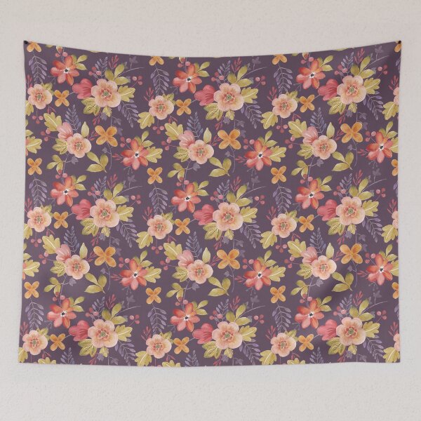 Aperçu de l'œuvre Peach Brique Fleurs Rouges Sur Violet créée et vendue par junkydotcom.