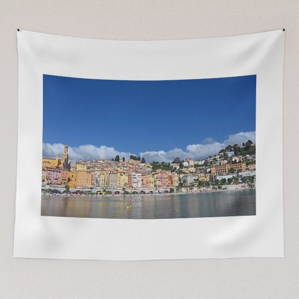 Item preview, Beach and colorful old buildings in Menton France skyline designed and sold by goceris.
