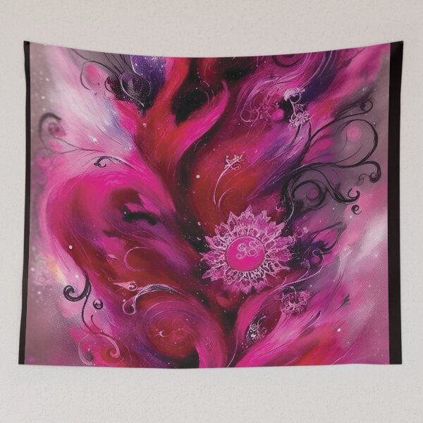Aperçu de l'œuvre Abstrait Digital AI Art Print-Flowing Whimsical Paint Fusion of Viva Magenta Black and Silver Swirls and Steampunk Dials créée et vendue par Hanlar.