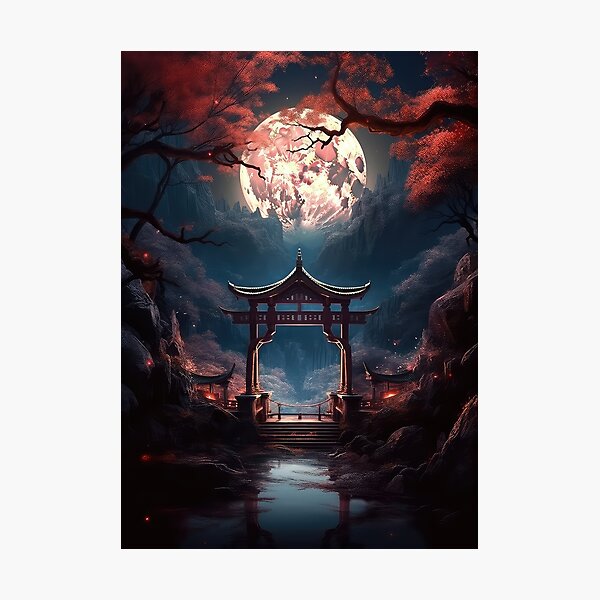 Anime torii gate sakura blossom dream moon