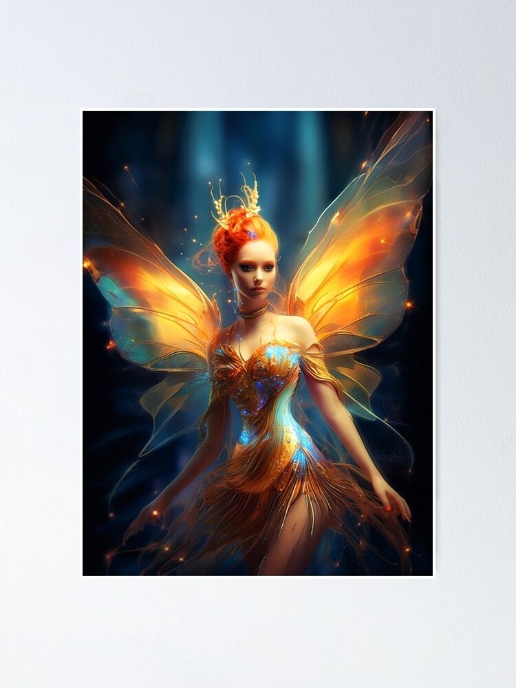 Colourful Neon Pixie Rave Girl with Fairy Wings Poster for Sale