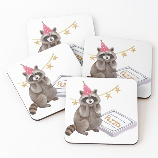 Item preview, Pizza party raccoon with party hat designed and sold by CoralCactusArt.