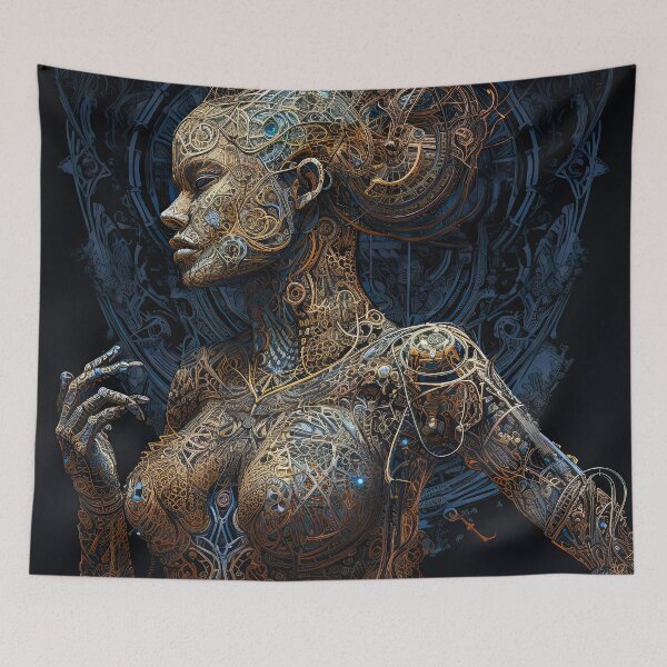 Item preview, cyborg queen-woman-beautiful-cyberpunk-robot-portrait-science fiction-pretty-fantasy designed and sold by Hermossa-Art.