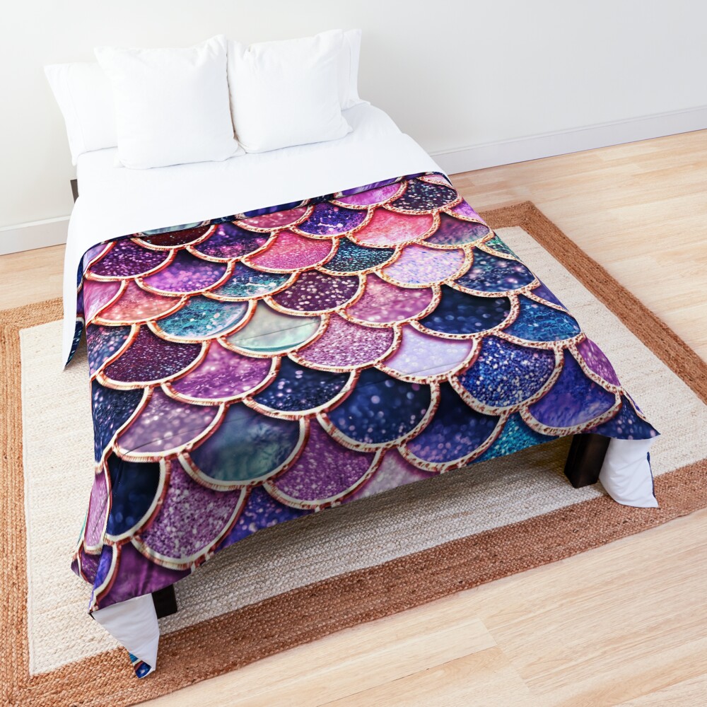 Pink Sparkle Faux Glitter Mermaid Scales Comforter