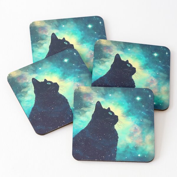Item preview, Cosmic Black Cat - Stargazing in Blue-Green Nebula designed and sold by SweetWhiskers.