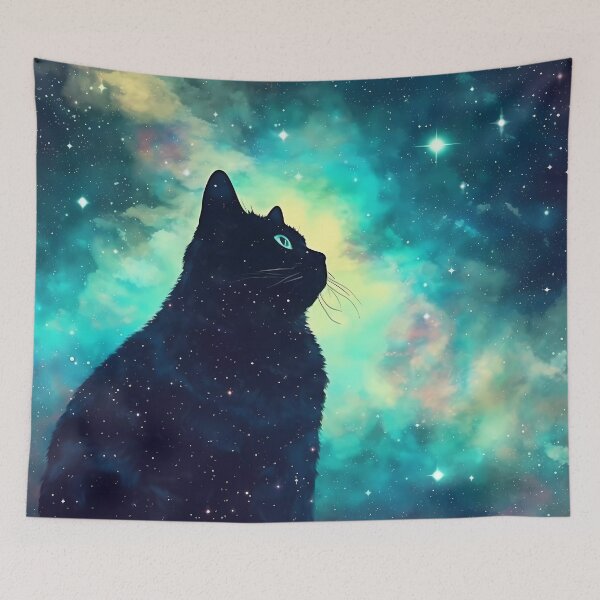 Item preview, Cosmic Black Cat - Stargazing in Blue-Green Nebula designed and sold by SweetWhiskers.