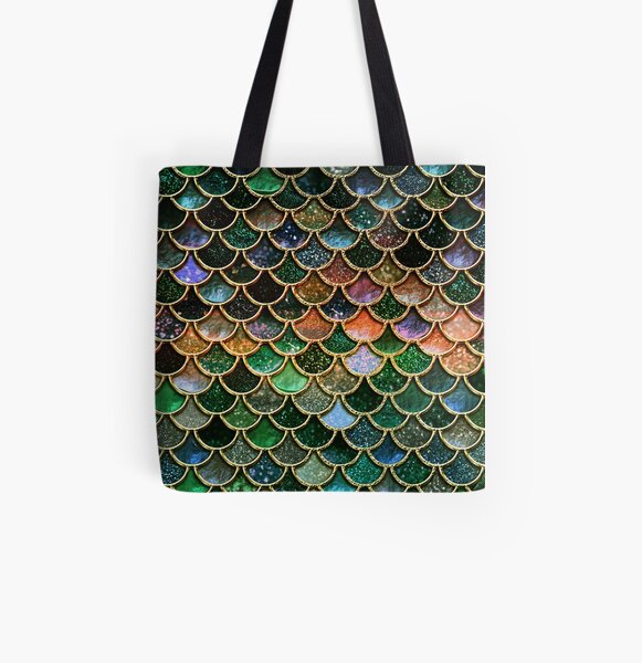Green Sparkle Faux Glitter Mermaid Scales All Over Print Tote Bag