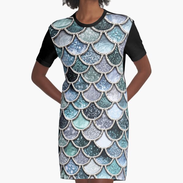 Teal, Silver and Green Sparkle Faux Glitter Mermaid Scales Graphic T-Shirt Dress
