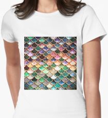 Kupfergrün Gold und Pink Sparkle Faux Glitter Meerjungfrau Skalen Tailliertes T-Shirt für Frauen