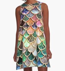 Copper Green Gold and Pink Sparkle Faux Glitter Mermaid Scales A-Line Dress