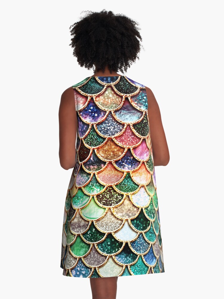 Thumbnail 3 of 4, A-Line Dress, Copper Green Gold and Pink Sparkle Faux Glitter Mermaid Scales designed and sold by UtArt.