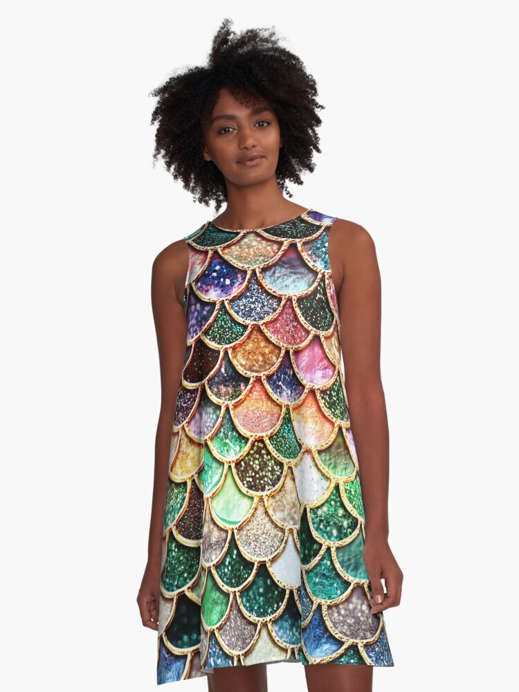 Thumbnail 1 of 4, A-Line Dress, Copper Green Gold and Pink Sparkle Faux Glitter Mermaid Scales designed and sold by UtArt.