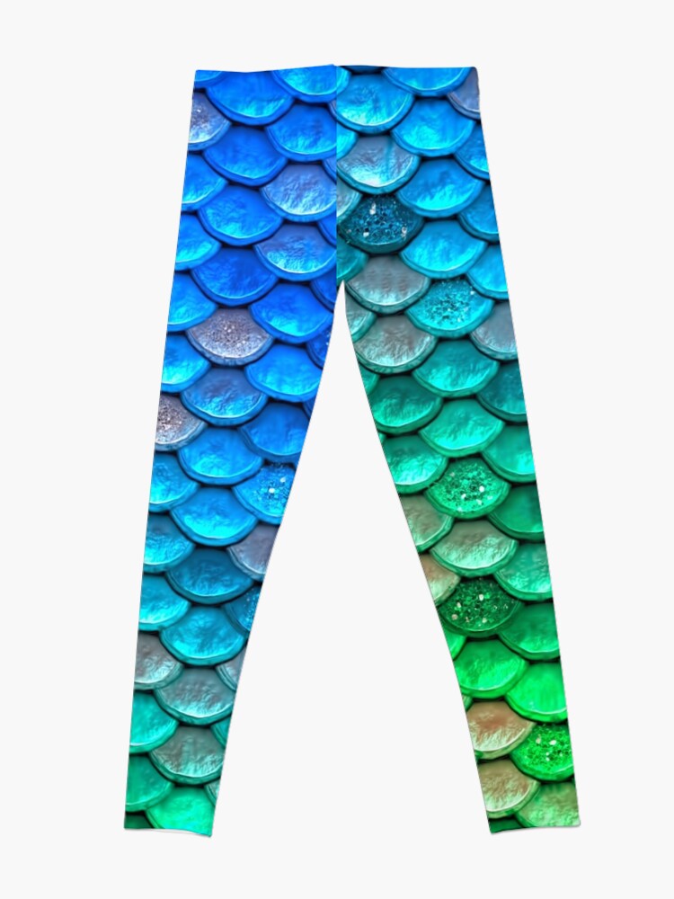 Thumbnail 4 of 5, Leggings, Green and Blue Sparkle Faux Glitter Mermaid Scales designed and sold by UtArt.