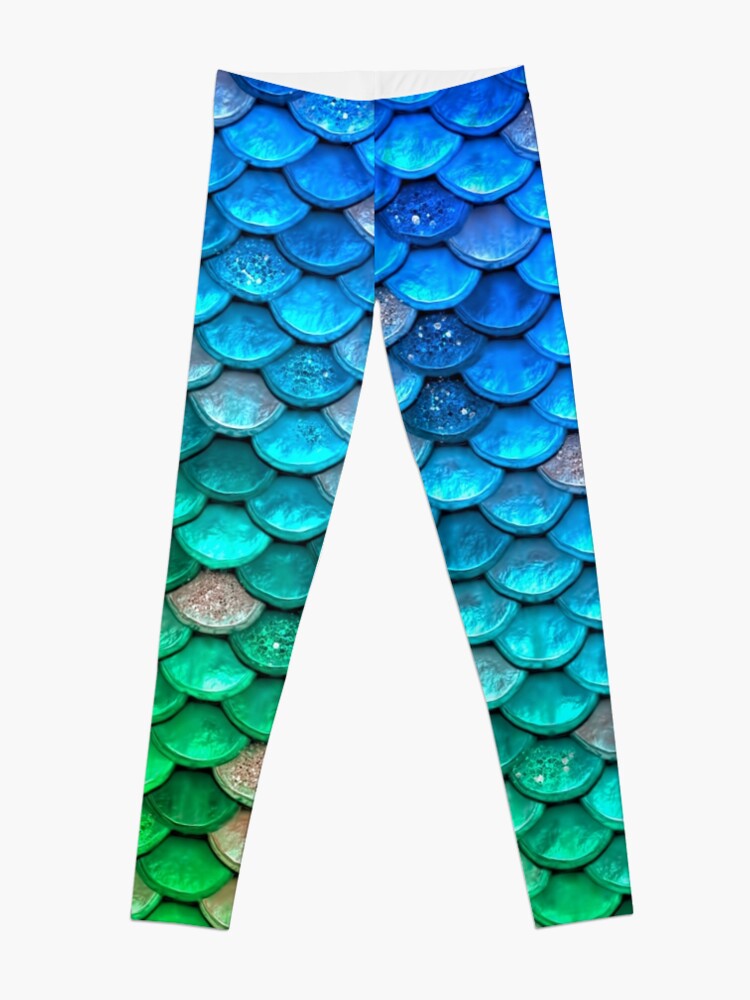 Thumbnail 3 of 5, Leggings, Green and Blue Sparkle Faux Glitter Mermaid Scales designed and sold by UtArt.