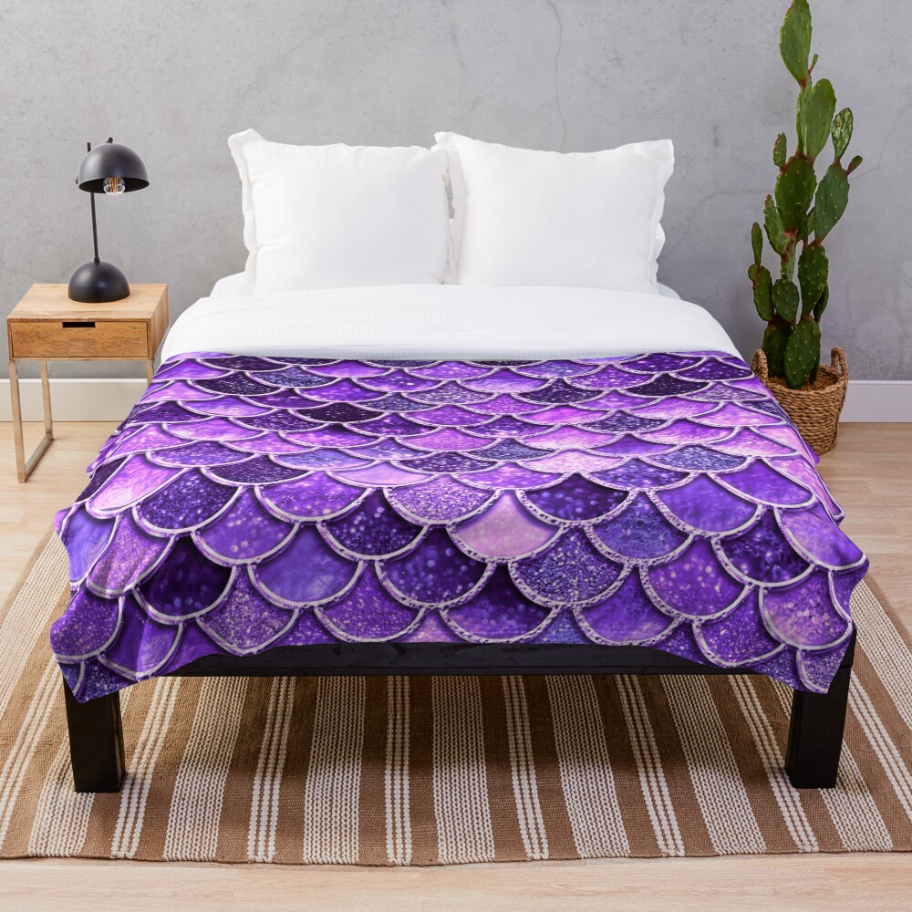 Ultra Violet Sparkle Faux Glitter Mermaid Scales Throw Blanket