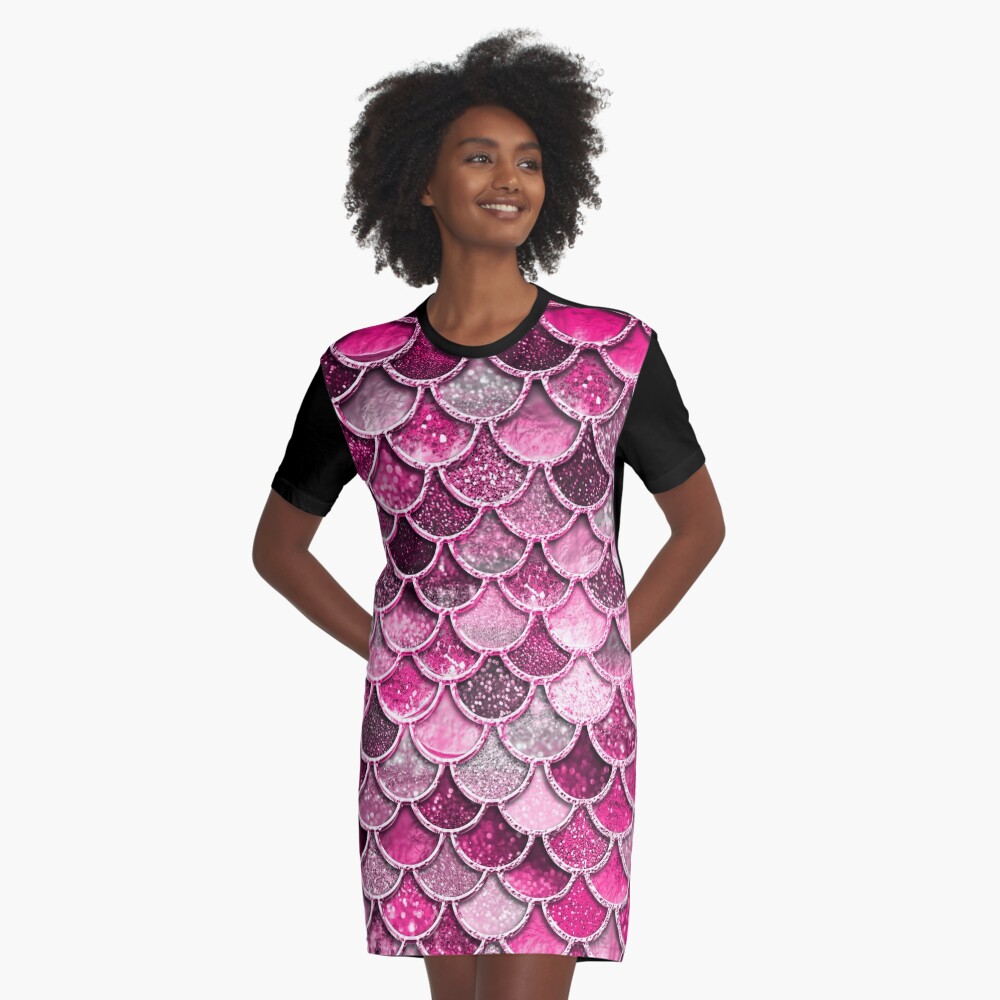Pink Purple Magenta Sparkle Faux Glitter Mermaid Scales Graphic T-Shirt Dress