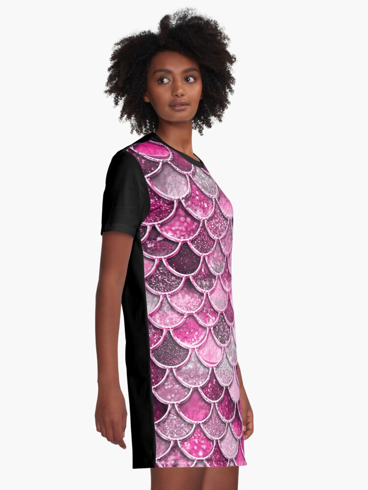 Alternate view of Pink Purple Magenta Sparkle Faux Glitter Mermaid Scales Graphic T-Shirt Dress