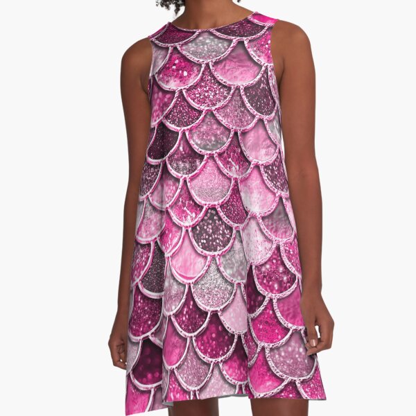 Pink Purple Magenta Sparkle Faux Glitter Mermaid Scales A-Line Dress