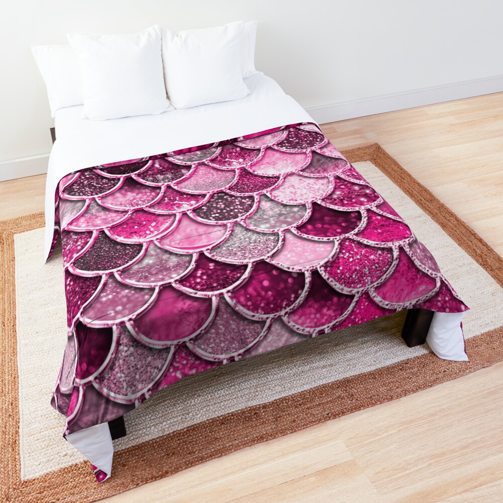 Pink Purple Magenta Sparkle Faux Glitter Mermaid Scales Comforter