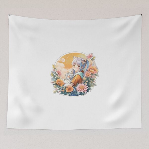 Item preview, Feline Fantasy: Cute Anime Girl with White Tiger Ears and Flora designed and sold by CuteArt5639.