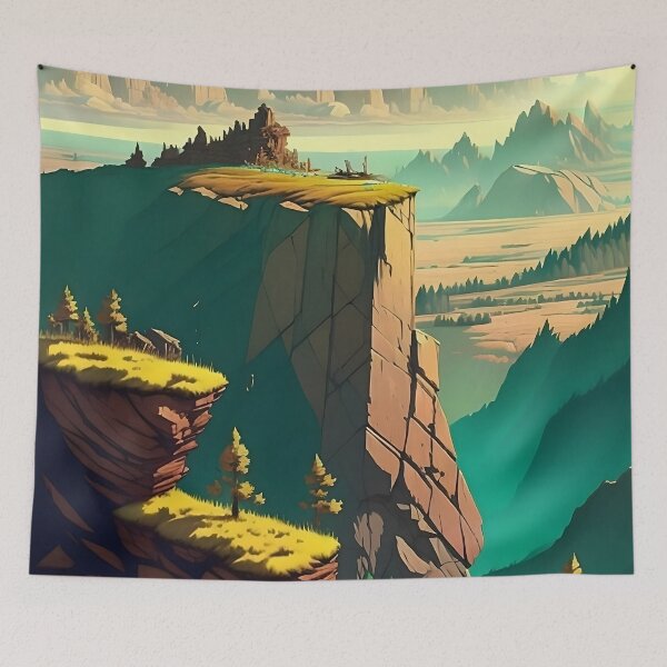 Item preview, A rocky cliffside overlooking a valley in green and gold designed and sold by ArtCounts.