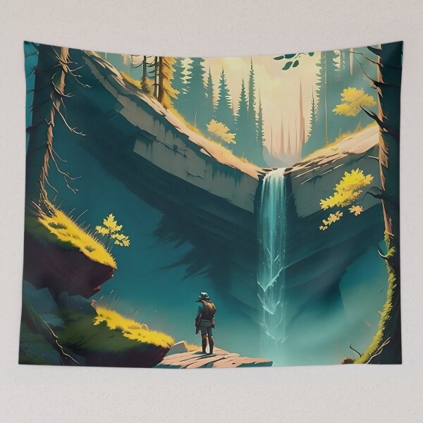 Item preview, A hiker at a waterfall in a grove designed and sold by ArtCounts.