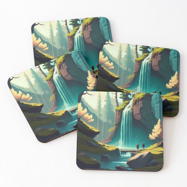 Item preview, Two hikers at a waterfall in a grove designed and sold by ArtCounts.