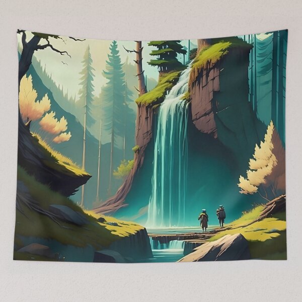 Item preview, Two hikers at a waterfall in a grove designed and sold by ArtCounts.