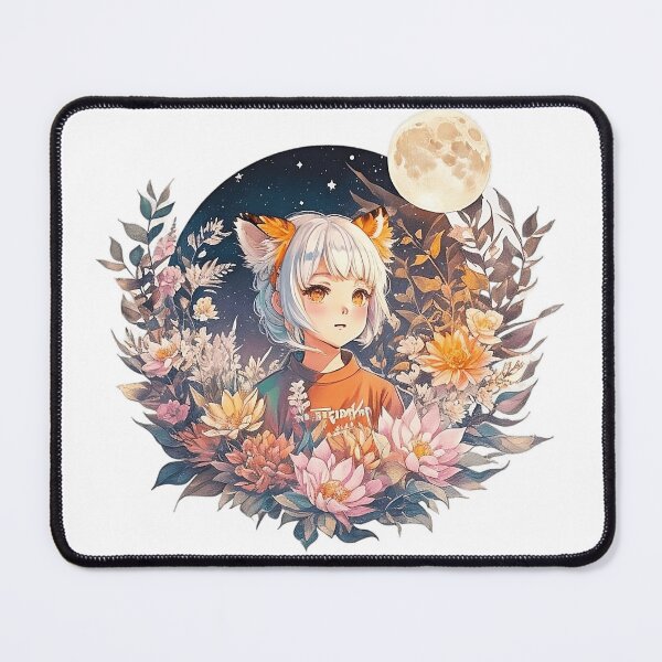 Item preview, Lunar Whispers: Cute Anime Girl with White Hair, Orange Tiger Ears, Flora, and Moon - Watercolor Art designed and sold by CuteArt5639.