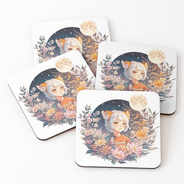 Item preview, Lunar Whispers: Cute Anime Girl with White Hair, Orange Tiger Ears, Flora, and Moon - Watercolor Art  designed and sold by CuteArt5639.