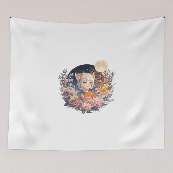 Item preview, Lunar Whispers: Cute Anime Girl with White Hair, Orange Tiger Ears, Flora, and Moon - Watercolor Art  designed and sold by CuteArt5639.