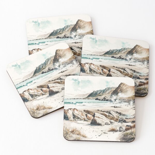 Item preview, A Rocky Beach Inlet in a Retro Watercolor Style - Vintage New Zealand  designed and sold by GVRDesign.