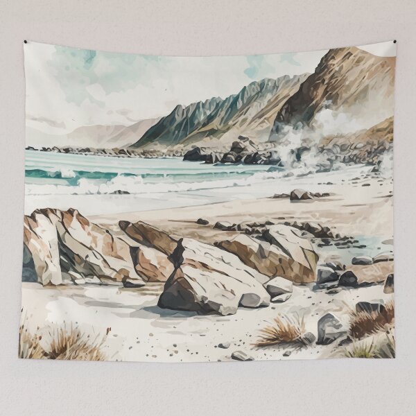 Item preview, A Rocky Beach Inlet in a Retro Watercolor Style - Vintage New Zealand  designed and sold by GVRDesign.